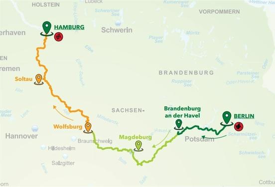 Die Strecke der 15. HAMBURG-BERLIN-KLASSIK geht von Berlin über Brandenburg an der Havel, Magdeburg, Wolfsburg, Soltau bis nach Hamburg.