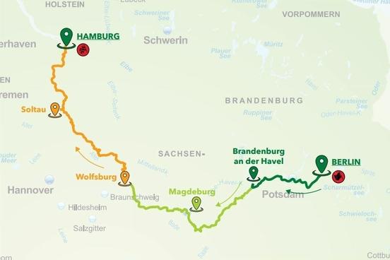 Die Strecke der 15. HAMBURG-BERLIN-KLASSIK geht von Berlin über Brandenburg an der Havel, Magdeburg, Wolfsburg, Soltau bis nach Hamburg.