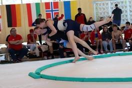 zwei Sumoringer fallen aus dem Ring