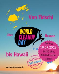 CleanUpDay-Flyer mit Sprechblasen von Fidschi bis Hawaii und Himmel.