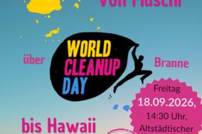 CleanUpDay-Flyer mit Sprechblasen von Fidschi bis Hawaii und Himmel.