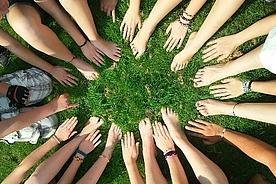 Hände und Füße formen eine Kreis auf einer grünen Wiese