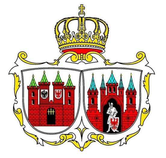Doppelschildwappen mit je einer roten Burg pro Wappen, oben über beiden Wappen eine goldene Krone