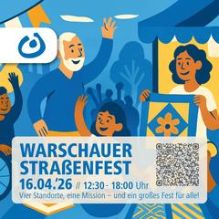Poster für das Straßenfest mit winkender Familie.