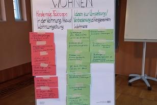 Auf einer Flipchart wurden hindernde Faktoren und Verbesserungsvorschläge zum Thema Wohnen notiert