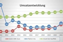 Diagramm mit der Entwicklung des Umsatzes, der Fläche und der Anzahl der Kauffälle