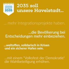 Logo von "Unsere Stadt 2035" auf gelbem Hintergrund, dazu der Text "2035 soll unsere Havelstadt ... ...mehr Integrationsprojekte haben. ...die Bevölke