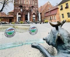 Pokal auf dem Springbrunnenrand vor dem Altstädtischen Rathaus