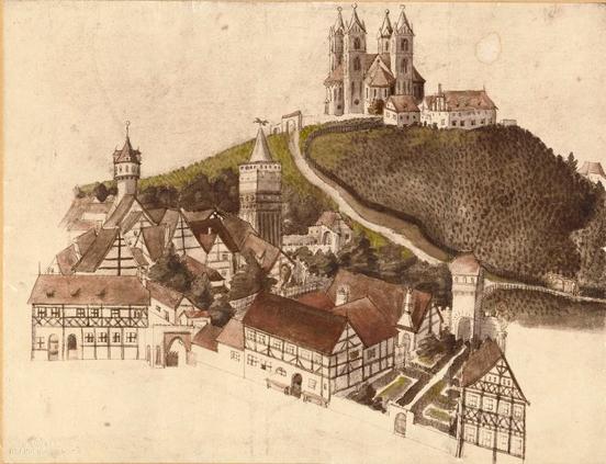 Blick auf den Marienberg mit der Marienkirche, über die Altstadt hinweg, Ansicht von 1582, Kopie  nach Z. Garcaeus, Sammlung Stadtmuseum Brandenburg an der Havel