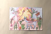 2 Zeichnungen mit teufel, Hund und Fischen