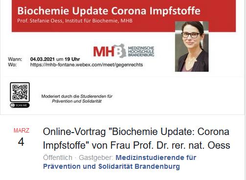 Online-Vortrag "Biochemie Update: Corona Impfstoffe" von Frau Prof. Dr. rer. nat. Oess