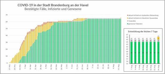 Die Grafik gibt die Fallzahlen unter den Brandenburger Bürger/innen pro Tag jeweils zum Stand von 10 Uhr wieder.