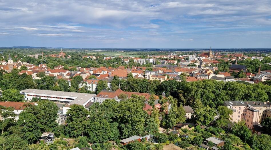 Blick vom Marienberg über die Stadt mit Gebäuden und Grünanlagen.