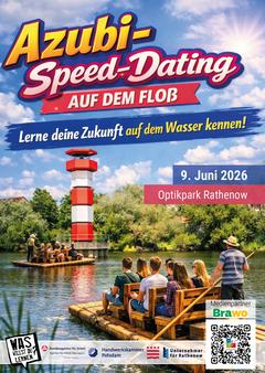 Flyer für das Speed-Dating mit Leuchtturm und Floß.