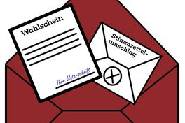 Ein roter Briefumschlag in den zwei weiße Dokumente gelegt werden.