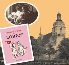 Altes Foto von Loriot als Baby auf dem Arm seiner Mutter. Im Hintergrund ist die St. Gotthardtkirche zu erkennen.