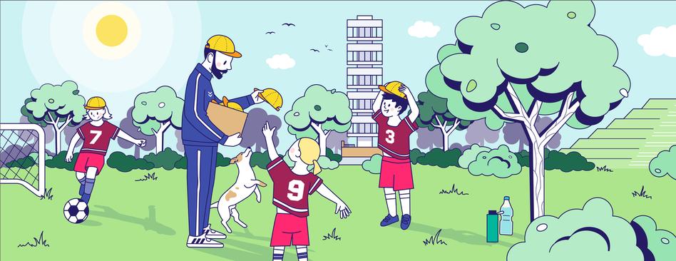 Comiczeichnung Erwachsene und Kinder auf einer Wiese vor der Friedenswarte.