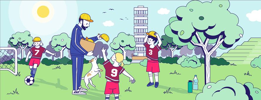 Comiczeichnung Erwachsene und Kinder auf einer Wiese vor der Friedenswarte.