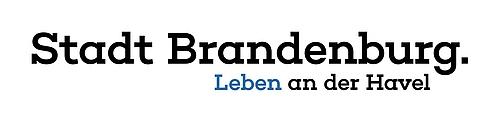 Schriftzug: Stadt Brandenburg. Leben an der Havel, nur das Wort Leben ist blau geschrieben, die restlichen Worte in schwarz