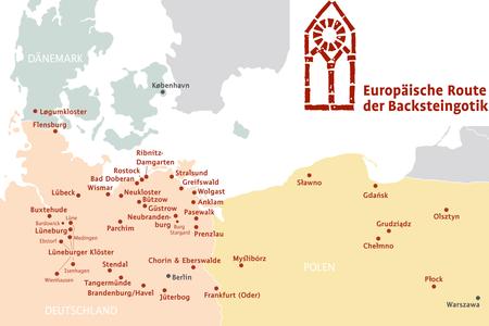 Kartenausschnitt mit Kennzeichnung mehrerer Städte in Norddeutschland, Polen und 1 dänische Stadt sowie mit Logo der Europäischen Route der Backsteingotik