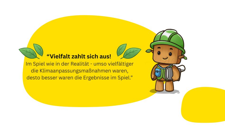Waldemar der Stadtplaner: kleine hölzerne Figur mit eckigem Kopf, der einen grünen Baustellenhelm trägt und grüne Weste mit Planrolle unterm Arm.