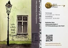 Plakat zur Ausstellung: eine Zeichnung von einer Hauswand mit dem Schriftzug "Wie wärs mal mit Frieden?", daneben die Daten zur Ausstellung