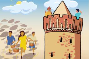 Ein Turm und zwei spielende Kinder.