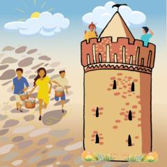 Ein Turm und zwei spielende Kinder.