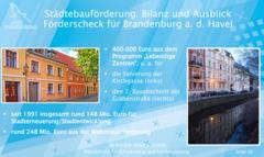 Blaue Präsentationsfolie mit der Überschrift "Städtebauförderung: Bilanz und Ausblick Förderscheck für Brandenburg a.d. Havel und weiterem Text+Fotos