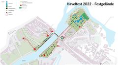 Kartenausschnitt mit Kennzeichnung des Festgeländes entlang Salzhofufer, Heinrich-Heine-Ufer und auf dem Packhof-Gelände, alles über die Jahrtausendbrücke verbunden