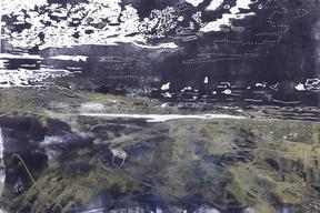Gemälde "Sturm". Unruhige, abstrahierte Landschaft mit deutlichem Horizont. Abgrenzung erfolgt durch Farben. Oberer Teil dunkelblau und weiß (Wolken).