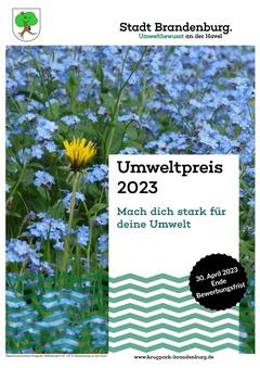 Plakat zum Umweltpreis 2023 mit einer Blumenwiese im Hintergrund und Text im Vordergrund