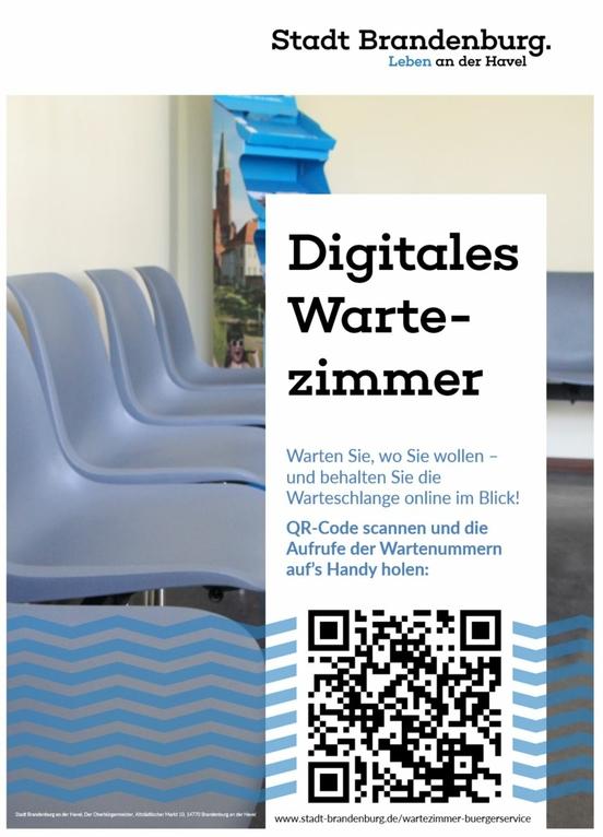 Plakat, im Hintergrund ein Foto vom Wartezimmer, im Vordergrund Text zur Erklärung des Digitalen Wartezimmers