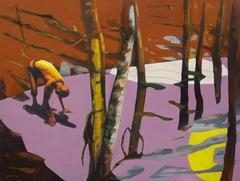 Wald mit surrealistischen Farben (pink, gelb) und gebeugtem Mann im Hintergrund