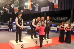 Siegerehrung Dreiband Männer (1. Platz Marco Zanetti, 2. Platz Chirstian Rudolph, 3. Platz Frédéric Caudron und Glenn Homann)