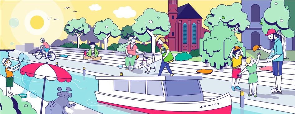 Headerillu_Projekt_HHBS.jpg Comiczeichnung Erwachsene und Kinder am Salzhofufer.