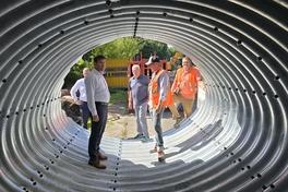 Thomas Barz, Steffen Scheller, Walter Paaschen, Christian Fuß und Mathias Latocha begutachten den Wasserdurchlass.