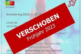 Tagesordnung des Gründertags mtit einem Störfeld davor und der Aufschrift "Verschoben Frühjahr 2023"