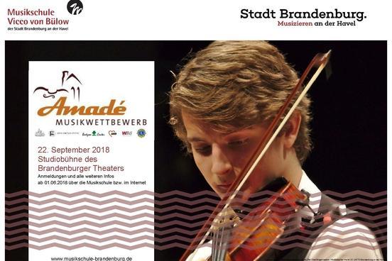 Plakat des Amadé Wettbewerbs. Als Bildmotiv ist ein Jugendlicher, der Geige spielt, zu sehen.