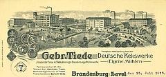 Briefkopf der Firma Gebr. Tiede von 1913 (Quelle: StABRB 21.22., Nr. 39).