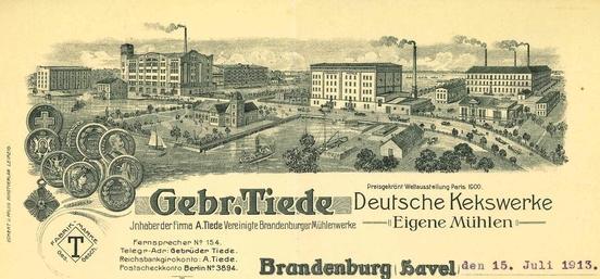 Briefkopf der Firma Gebr. Tiede von 1913 (Quelle: StABRB 21.22., Nummer 39).