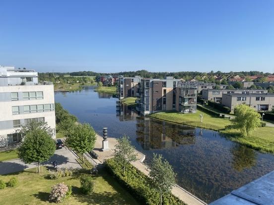 Luftaufnahme eines Wohngebiets mit künstlichem See