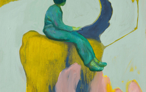 Gemälde "Affenbande". Abstrahierte Figuren in den Ölfarben grün, blau und gelb auf Leinwand.
