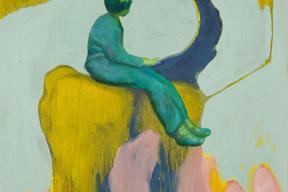 Gemälde "Affenbande". Abstrahierte Figuren in den Ölfarben grün, blau und gelb auf Leinwand.