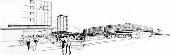 Entwurf von 1968 für eine Neugestaltung des Stadtzentrums an der Stelle der Jahrtausendbrücke, Blick von der Altstadt zur Neustadt