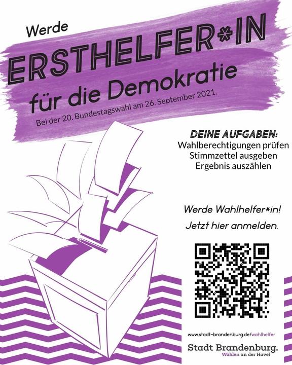 Poster mit der Aufschrift: Werde Ersthelfer*in für die Demokratie. Bei der Bundestagswahl am 26. September 2021. in der Fabre Lila.