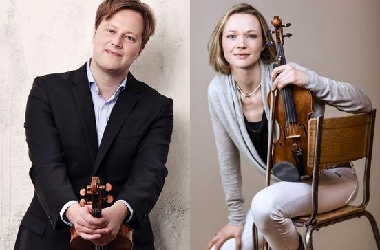 zwei Portraitfotos von einem Mann mit Viola und einer Frau mit Violine in der Hand