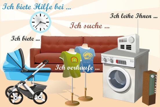 Zeichnung verschiedener Gegenstände wie Kinderwagen, Couch, Waschmaschine, CD-Regal und Kleidung, dazu der Text "Ich biete..." "Ich suche..." "Ich leihe Ihnen..." "Ich verkaufe..." und "Ich biete Hilfe bei..."