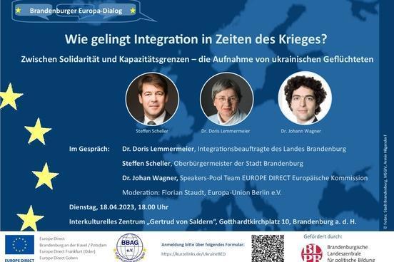 Flyer für die Veranstaltung "Wie gelingt Integration in Zeiten des Krieges", u.a. mit Fotos der Diskussionsteilnehmenden u.v.m.
