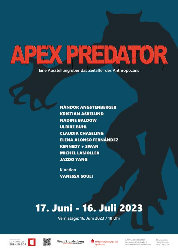 Plakat der Gruppenausstellung Apex Predator mit einer Silouette eines Katzenswesens mit langen schwarzen Klauen.